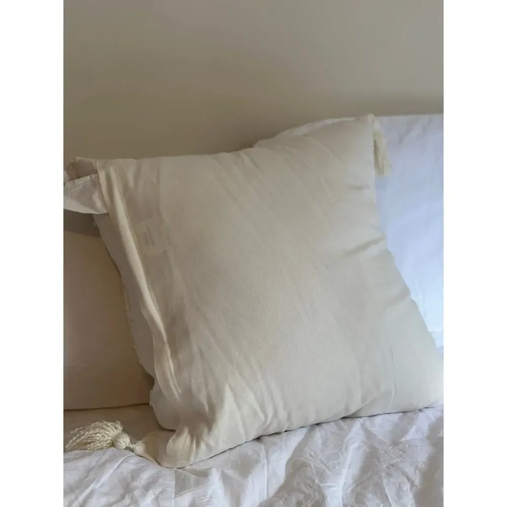 Boho Embroidered Throw Pillow 20x20 Cream Off White Beaded Tassels Decorative